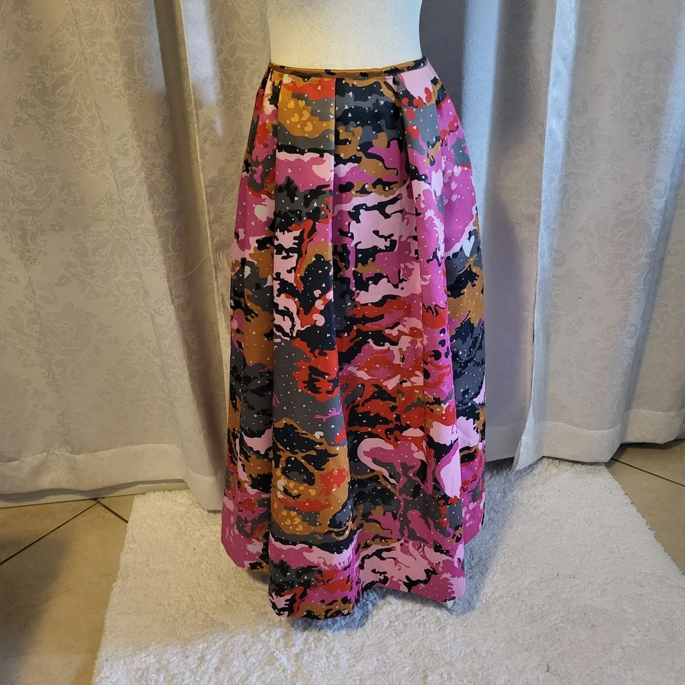 NWT MANISH ARORA Maxi Skirt Pleated Flowy, Size L, Color Pink, Multicolor